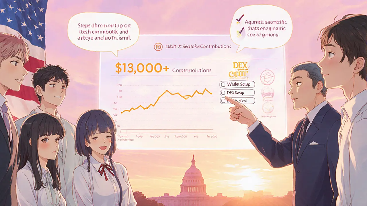 Anime scene of community members viewing contribution totals and price chart with sunrise behind a US flag motif.