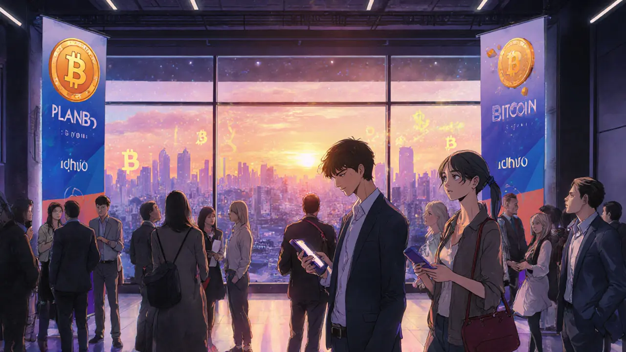 Conference hall during PLANB Forum with attendees using the Chivo app, sunset city skyline beyond.