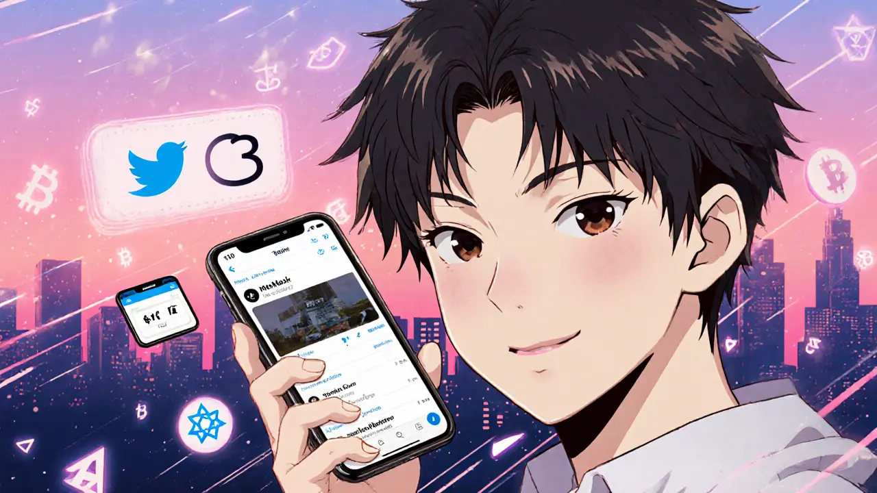 Manga hero checking O3 social feeds, wallet, and making a small swap before next airdrop.