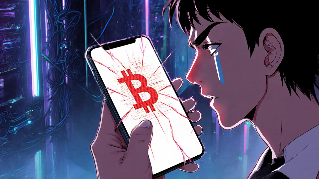 User looks frustrated at a glitching Chivo wallet app on a phone amid a neon server room.