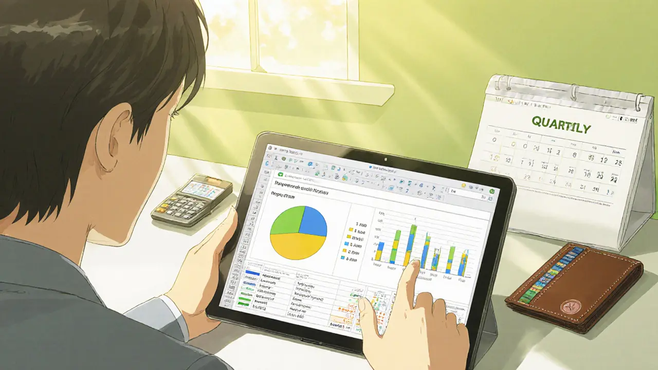 Anime illustration of a calm investor reviewing portfolio, hardware wallet and calendar for quarterly rebalancing.