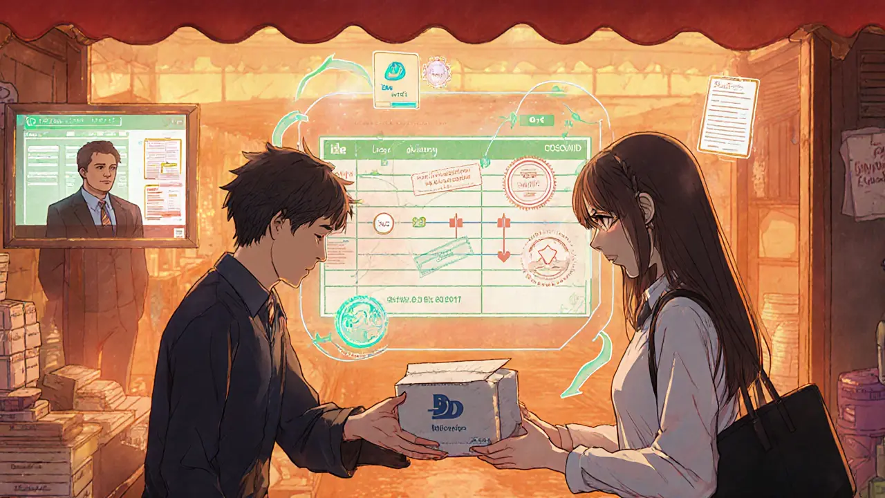 Anime marketplace scene showing buyers, sellers, and on‑chain escrow holograms.