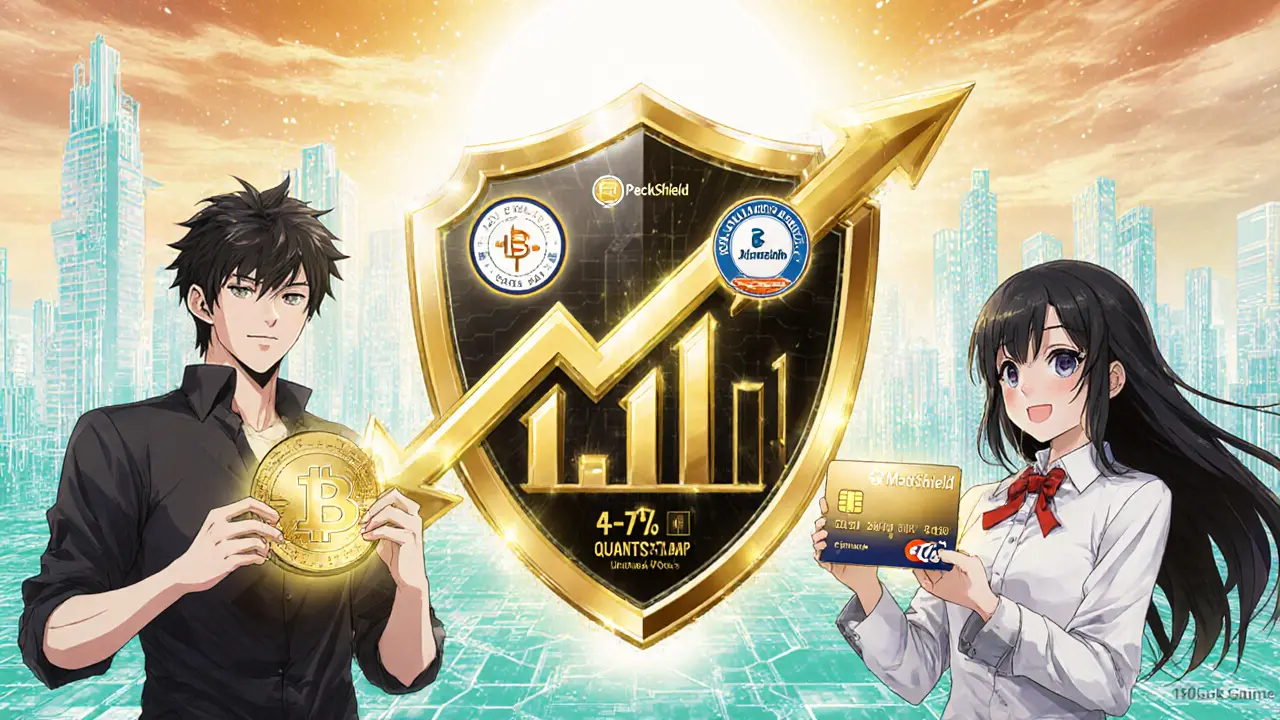 Characters showcasing 1INCH token, debit card, and rising reward chart.