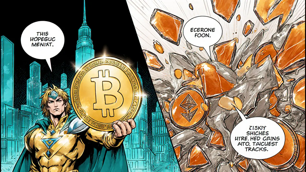 Manga panel showing a hero with Bitcoin/Ethereum beside melting low‑cap tokens, highlighting bad coin picks.