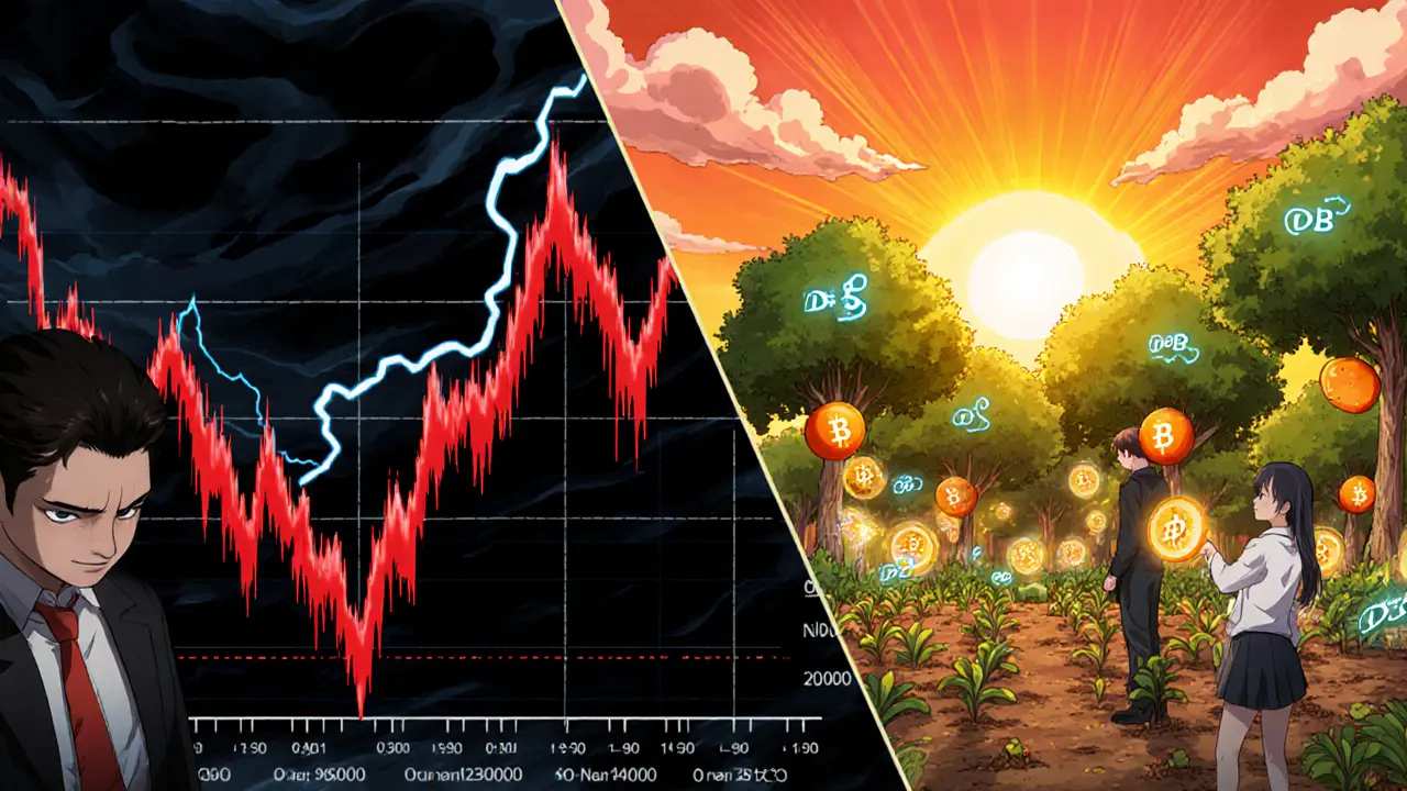 Split anime scene of volatile price chart on the left and hopeful staking garden on the right.
