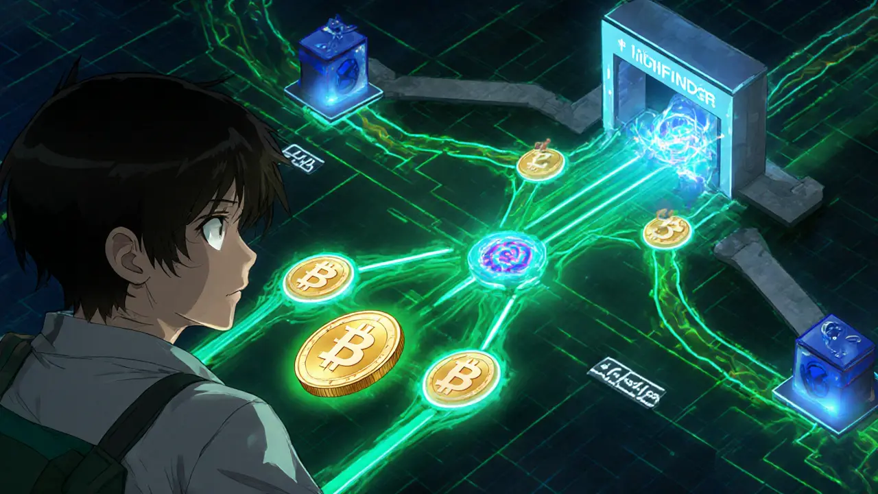 Token splitting into multiple glowing paths with DEX icons and bridge portal.