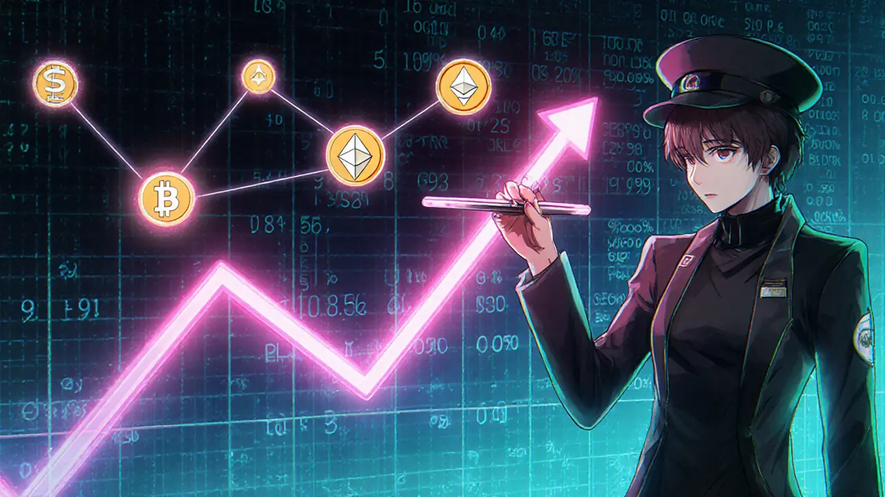Anime character adjusting price range on a liquidity chart with token icons.