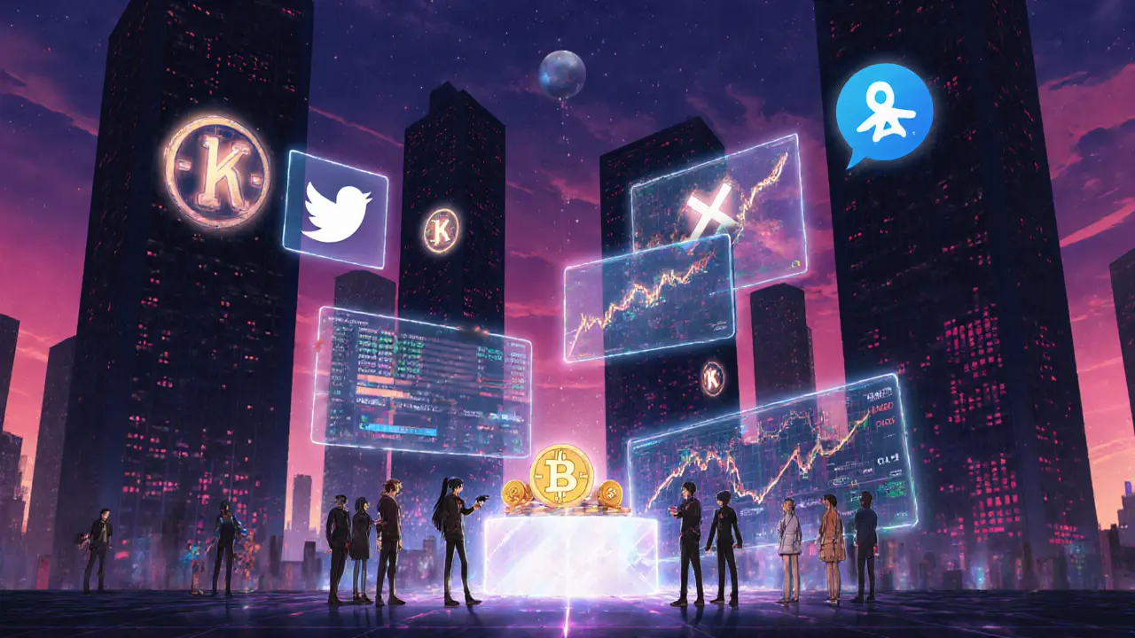 Anime cityscape of Kalata ecosystem with characters staking, trading, and glowing token symbols.