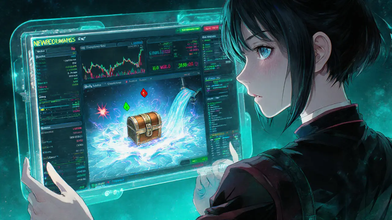 Anime coder views Kujira Fin UI with thin liquidity river and vault.