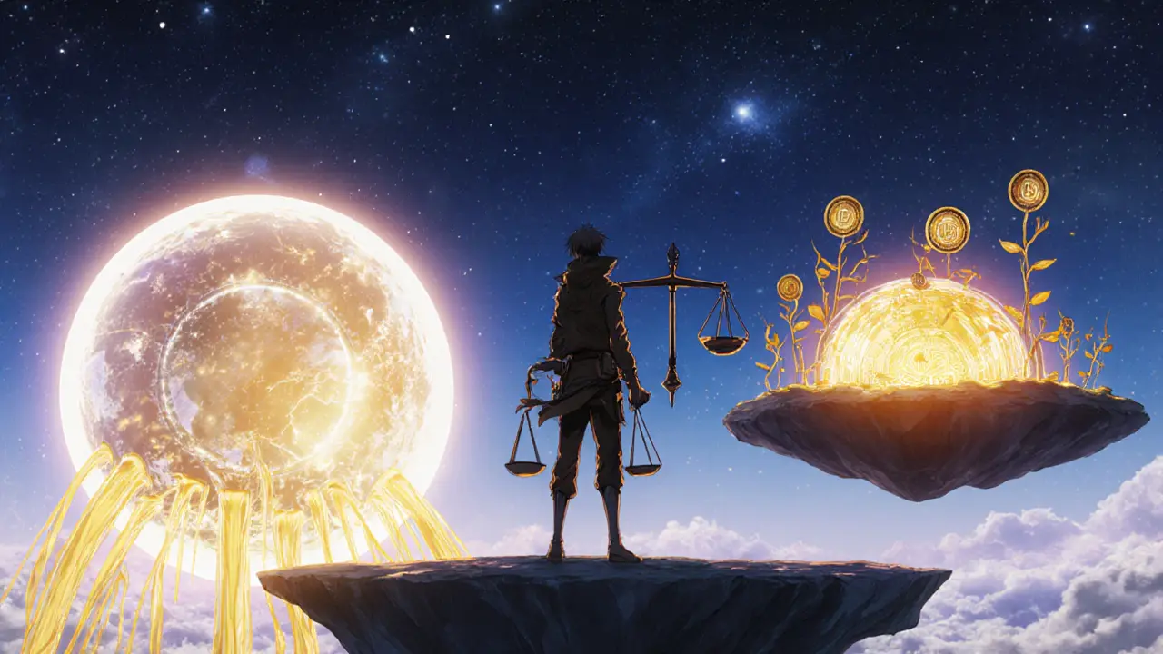 Anime hero balances Osmosis liquidity and Kujira Fin yield on a platform.