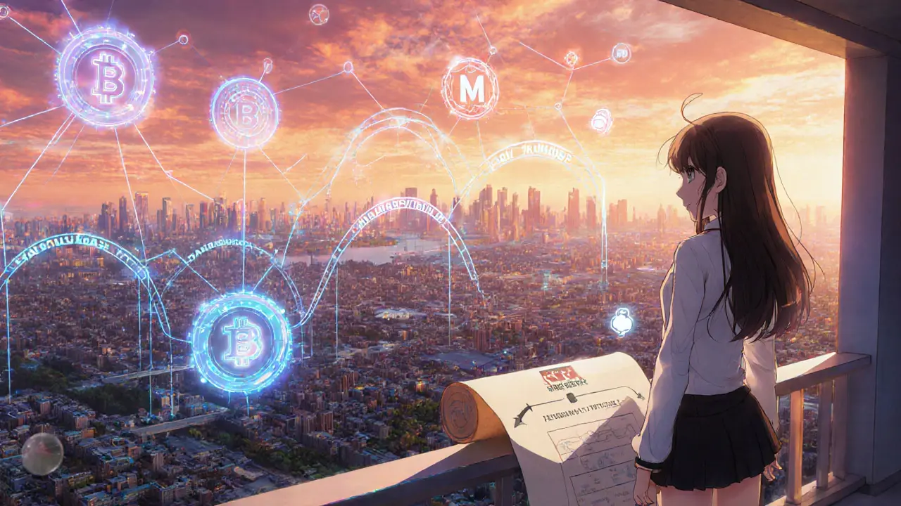 Anime heroine overlooking a futuristic city with new token holograms and roadmap.