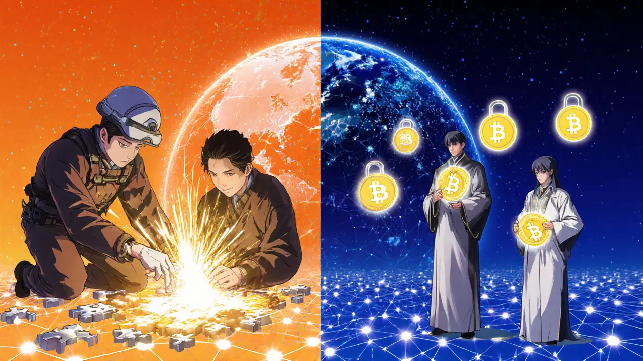 Anime style split view of PoW miners and PoS validators protecting a blockchain.
