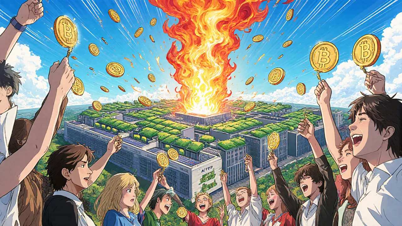 Manga illustration of data center, burning tokens, and diverse community celebrating.