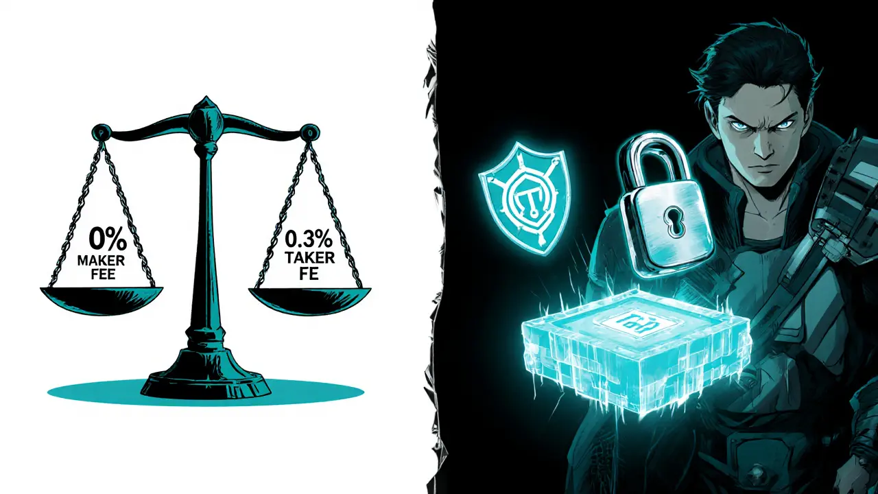 Manga panel showing fee scale, 0% maker fee, 0.3% taker fee, and a cold‑storage vault with 2FA.