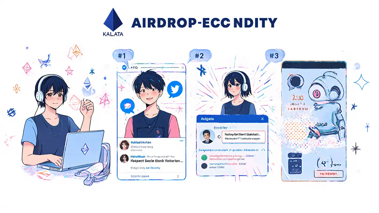 Manga panels of a user linking wallet, following socials, watching YouTube, and receiving tokens.