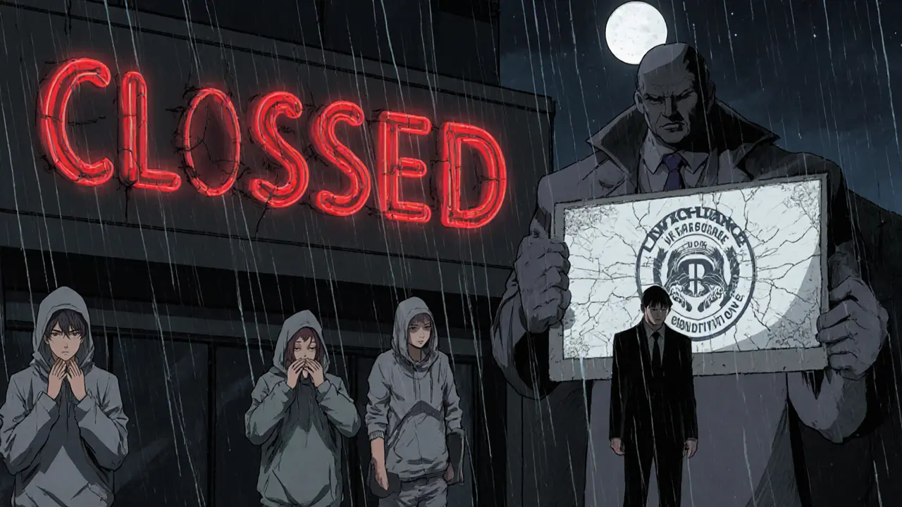 Manga scene of a closed exchange office at night with worried users and a regulator holding a document.
