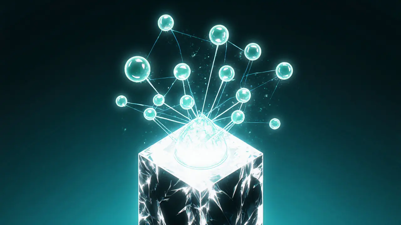Manga scene of a Merkle tree with transaction nodes leading to a bright root.