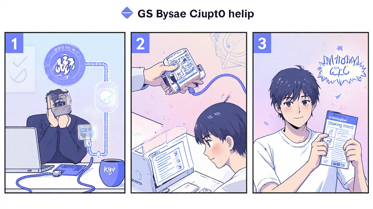 Manga sequence of a user connecting wallet, completing KYC, and confirming claim.