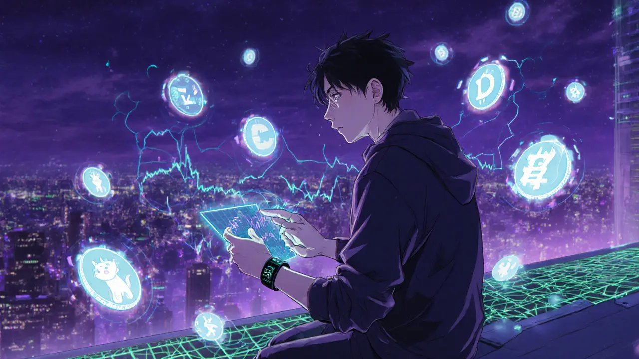 Young trader on a rooftop surrounded by floating LCAT and other meme token icons.