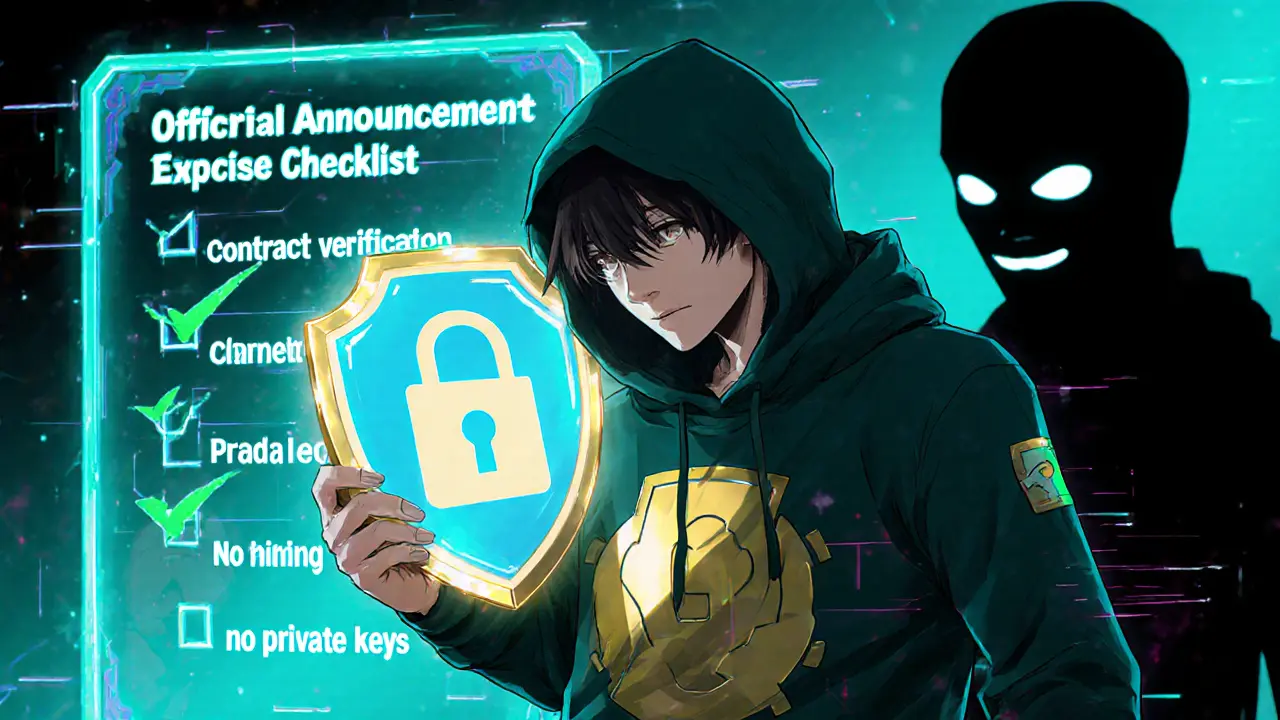 Crypto enthusiast holding a shield and checking off verification steps on a holographic board.