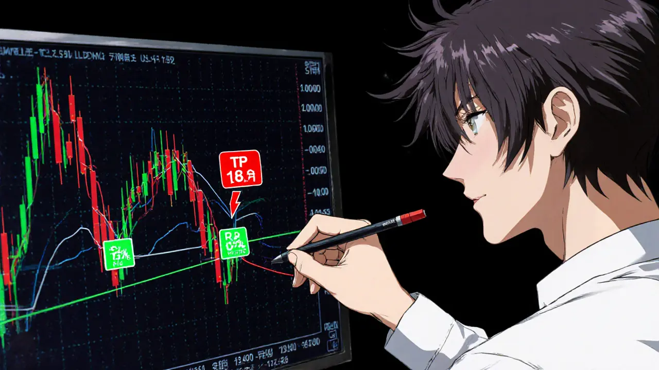 Manga close‑up of chart with drag‑and‑drop TP/SL lines and liquidation warning.