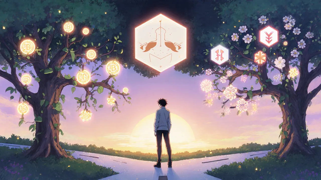 Manga creator at a crossroads between token and NFT branches with a hybrid symbol above.