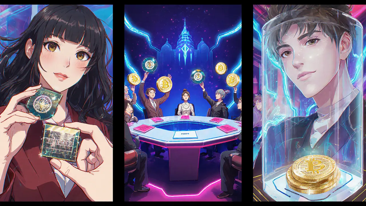 Manga panels showing fan token access, DAO voting with tokens, and an NFT gallery of rare collectibles.