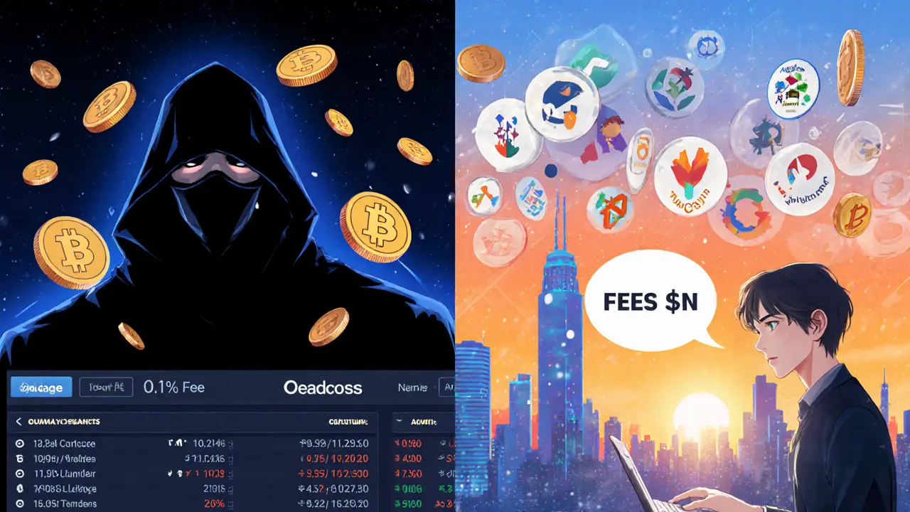 Split‑screen manga showing anonymous high‑leverage trader vs. wide‑asset exchange.