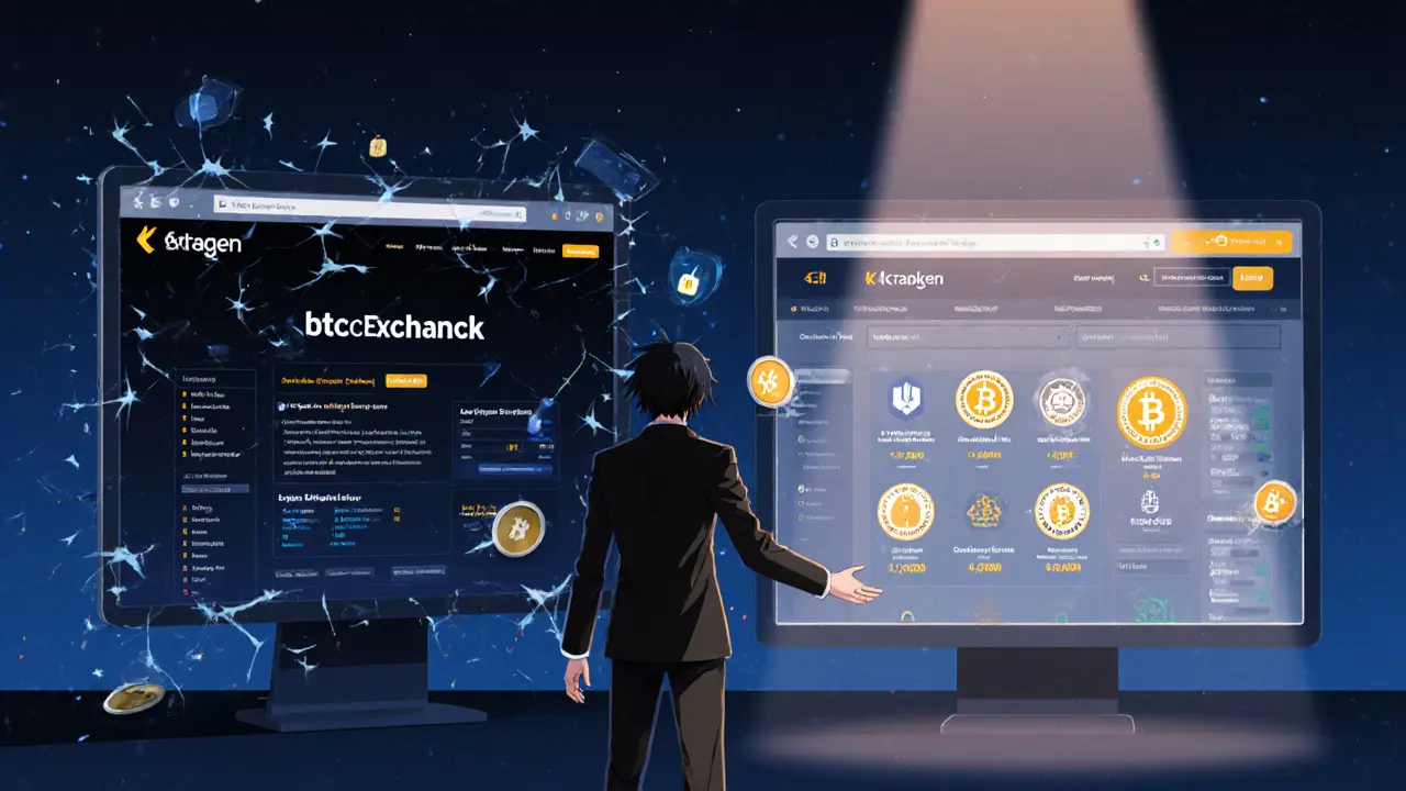 A split scene shows a fraudulent crypto exchange on the left and a transparent, regulated exchange on the right.