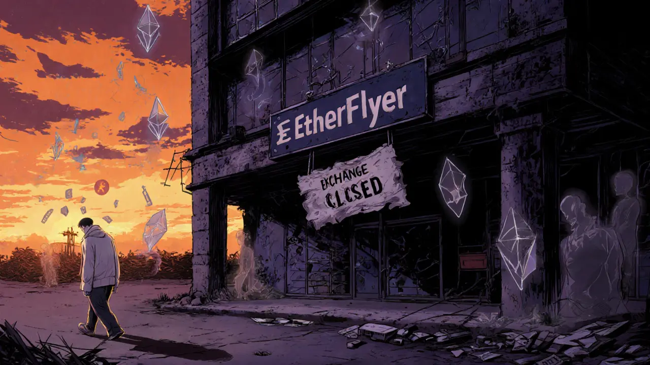 Abandoned EtherFlyer building at sunset, trader walking away, symbolizing shutdown.