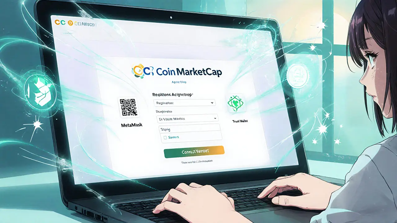Anime character registers on CoinMarketCap portal, connecting a BSC wallet on a glowing laptop screen.