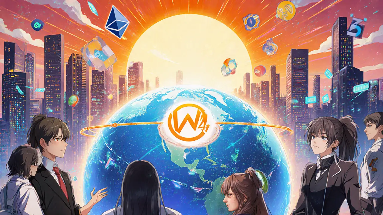 Anime characters around a globe showing Uniswap v4 cross‑chain future.