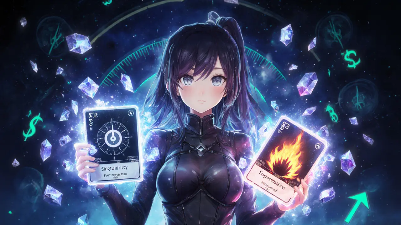 Anime heroine holds glowing Singularity and Supermassive NFT cards with $BLACK crystals around her.