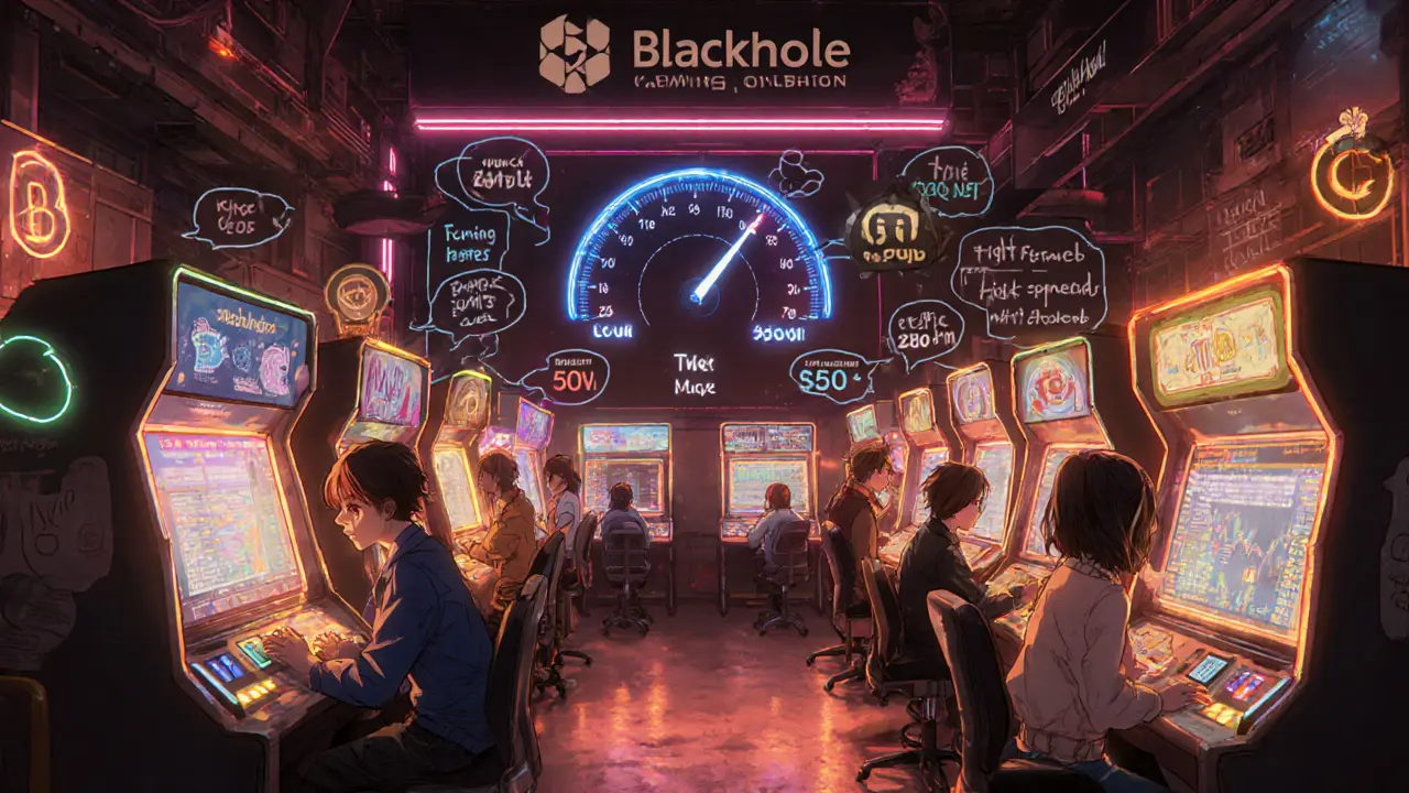 Cyber‑punk trading floor shows characters trading tokens with floating volume and TVL gauges.