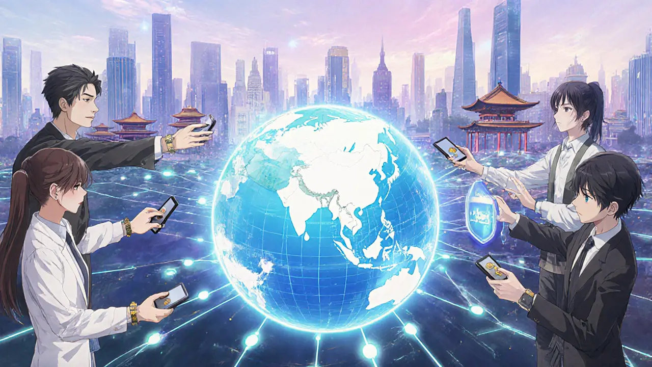 Futuristic global network shows diverse people using devices for CBDC cross‑border payments.