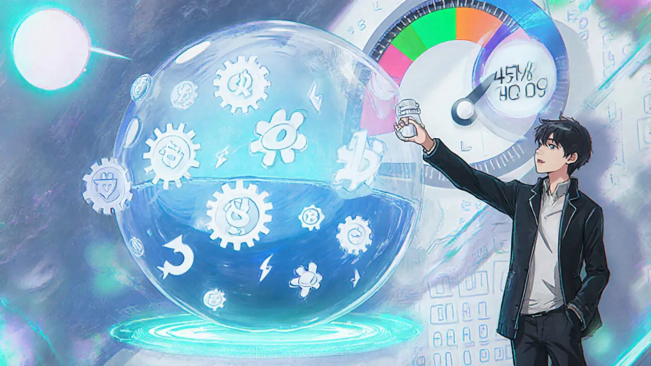 Manga scene of a liquidity pool with plug‑in hooks and low‑gas swap meter.