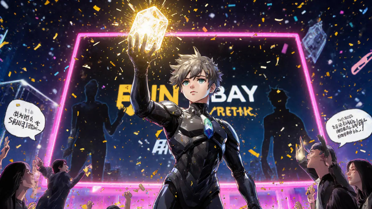 Manga scene of top player receiving glowing PEARL token during a Binance Live celebration.