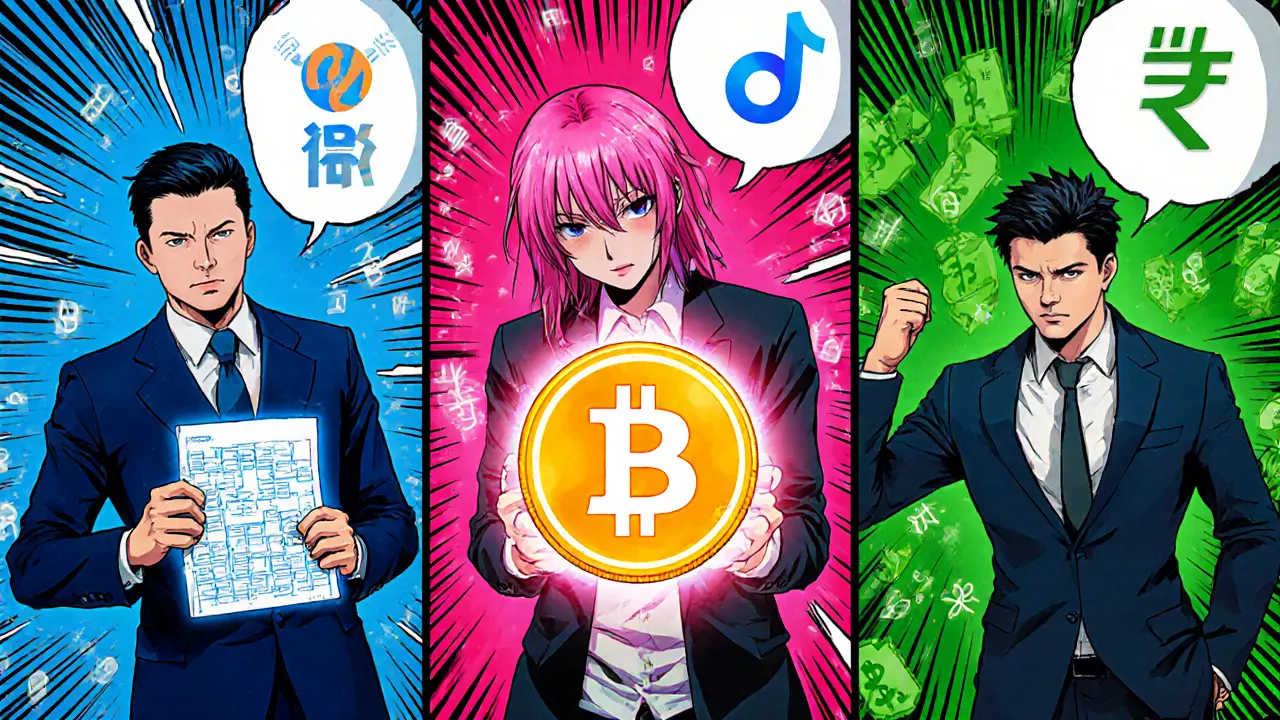 Three manga characters compare CBDC, cryptocurrency, and stablecoin with distinct visual themes.
