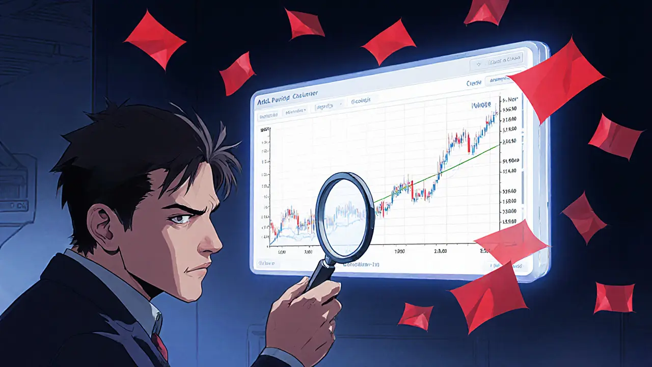 Trader examines blank volume chart with red warning flags in a dark room.
