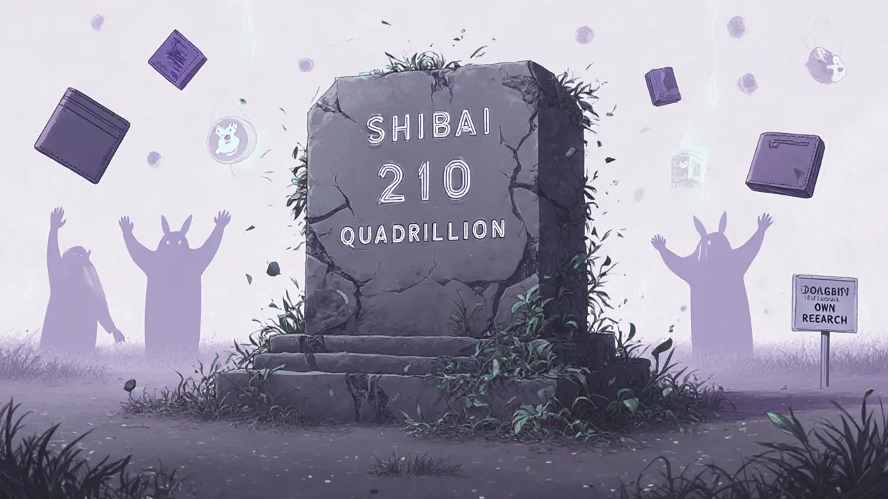 A crumbling SHIBAI monument fades into digital void as wallets drift away in a silent, abandoned cyberworld.