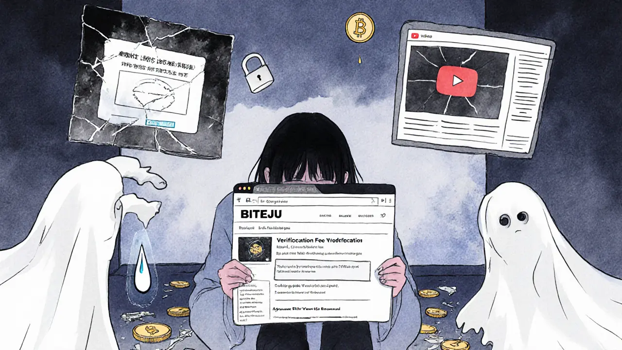 A devastated user surrounded by ghostly scam icons, a shattered Bitcoin coin at their feet.