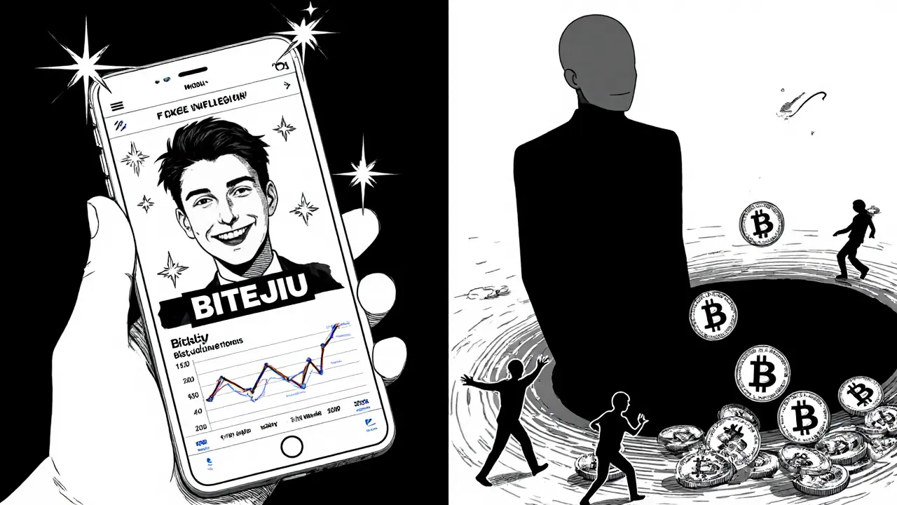 A fake influencer promoting BITEJIU while secretly being a faceless mannequin swallowing crypto.