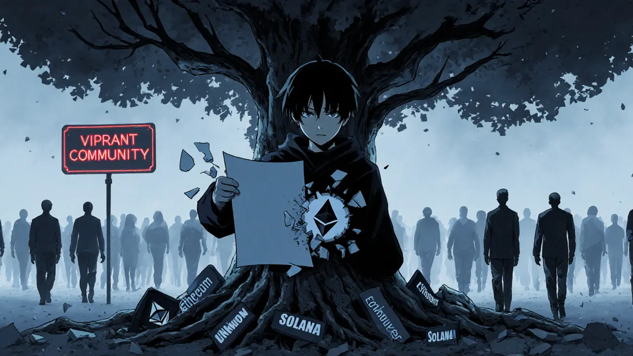 A fractured blockchain tree crumbles as a faceless figure holds a blank whitepaper.