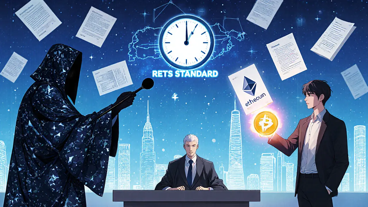 A futuristic courtroom where blockchain law battles attempts to erase digital property ownership.