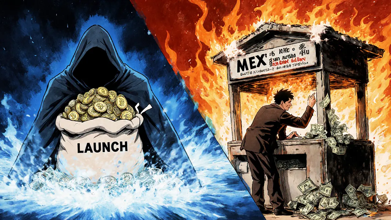 A shadowy figure dumps SHIBAI tokens while a retail investor struggles to sell them at a failing exchange.