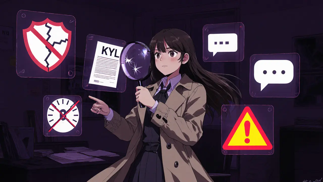 Anime detective pointing at floating icons showing scam red flags.