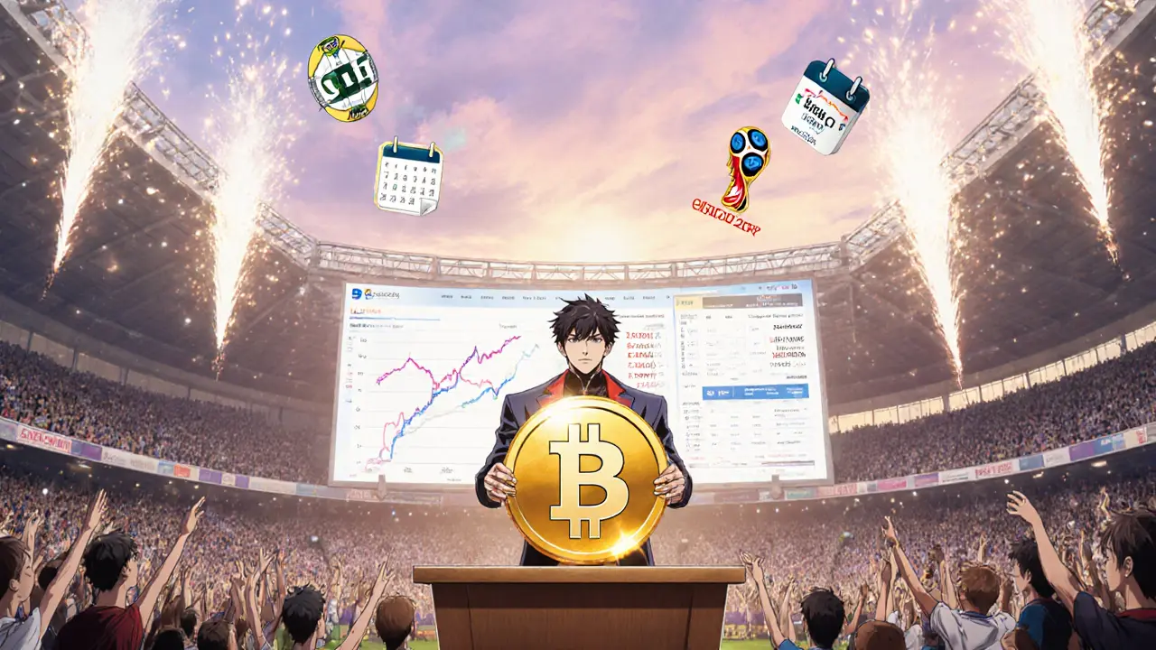 Anime hero holding SCH token at stadium, celebrating future growth.