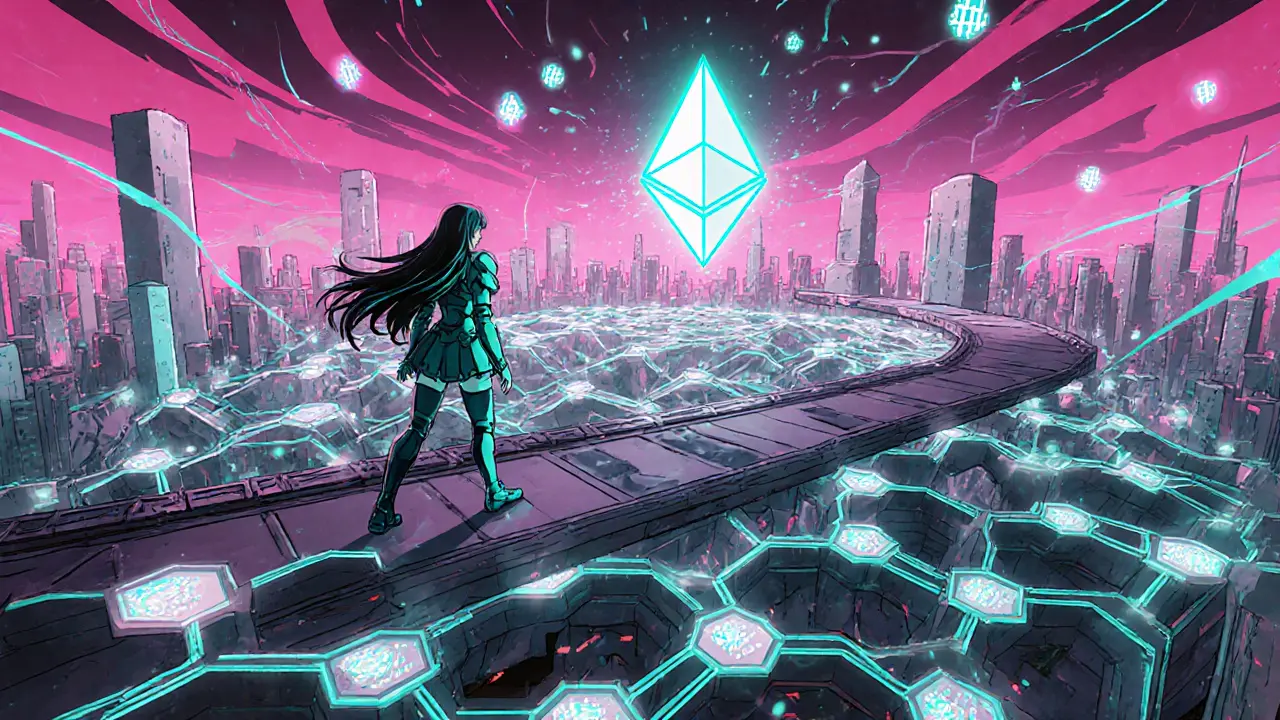Anime heroine walks through a hexagonal Merkle‑Patricia trie glowing with Keccak‑256 hashes in a cyber city.