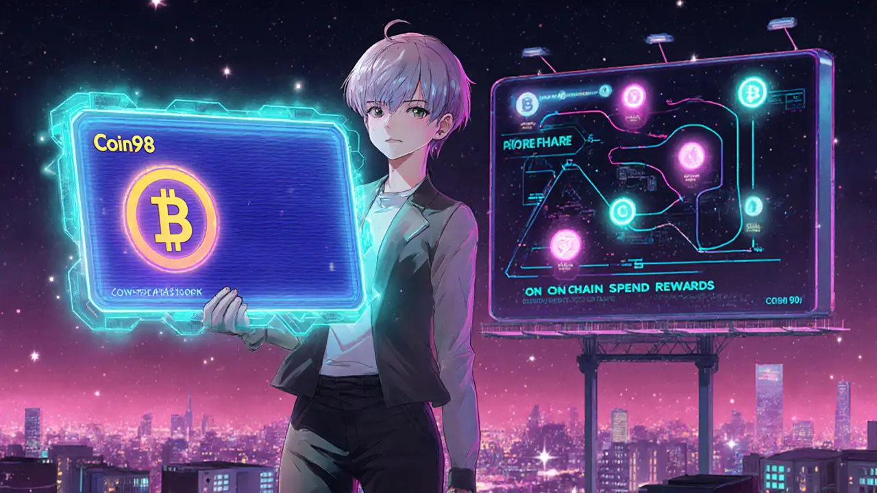 Anime scene of future Coin98 airdrops with glowing payment card and neon city backdrop.