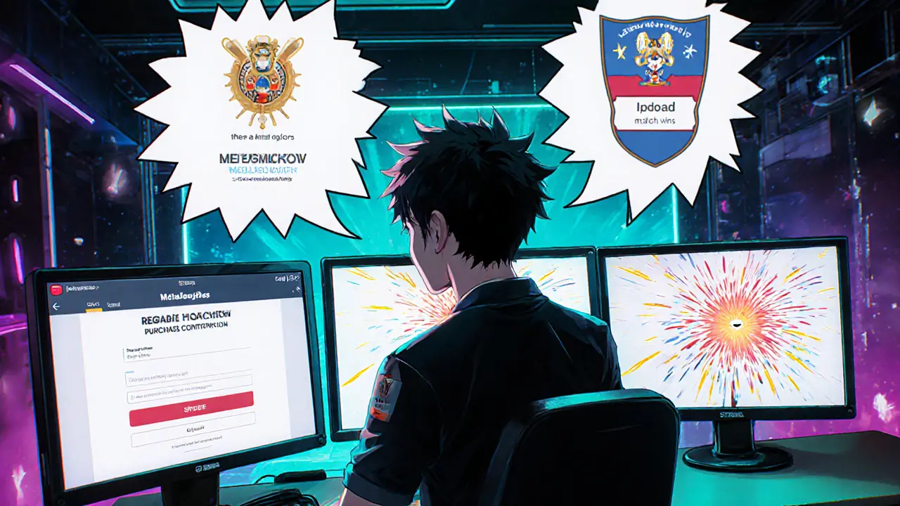 Avatar at desk using MetaMask, buying pass, registering club, and winning matches.